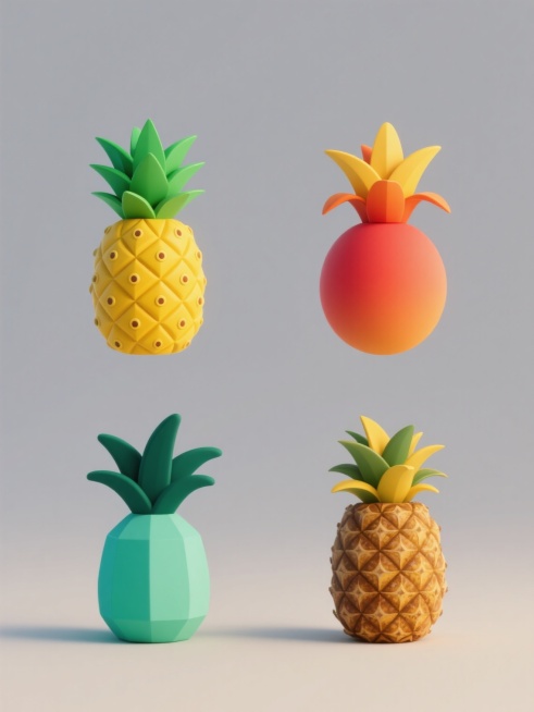 一张3D风格的菠萝系列素材集合海报，画面以纯色背景为底，四个不同造型的菠萝规整排布。第一个菠萝是几何棱角造型，通体呈鲜亮的柠檬黄色，顶部叶子为翠绿色；第二个菠萝是圆润饱满造型，颜色为渐变的橙红色，叶子带有橙黄色调；第三个菠萝是扁平卡通造型，采用清新的青绿色，叶子为深绿色；第四个菠萝是复古纹理造型，颜色是温暖的棕黄色，叶子带有复古的黄绿色。每个菠萝都保留了菠萝的基本元素，如螺旋状排列的果眼和顶部……预览效果