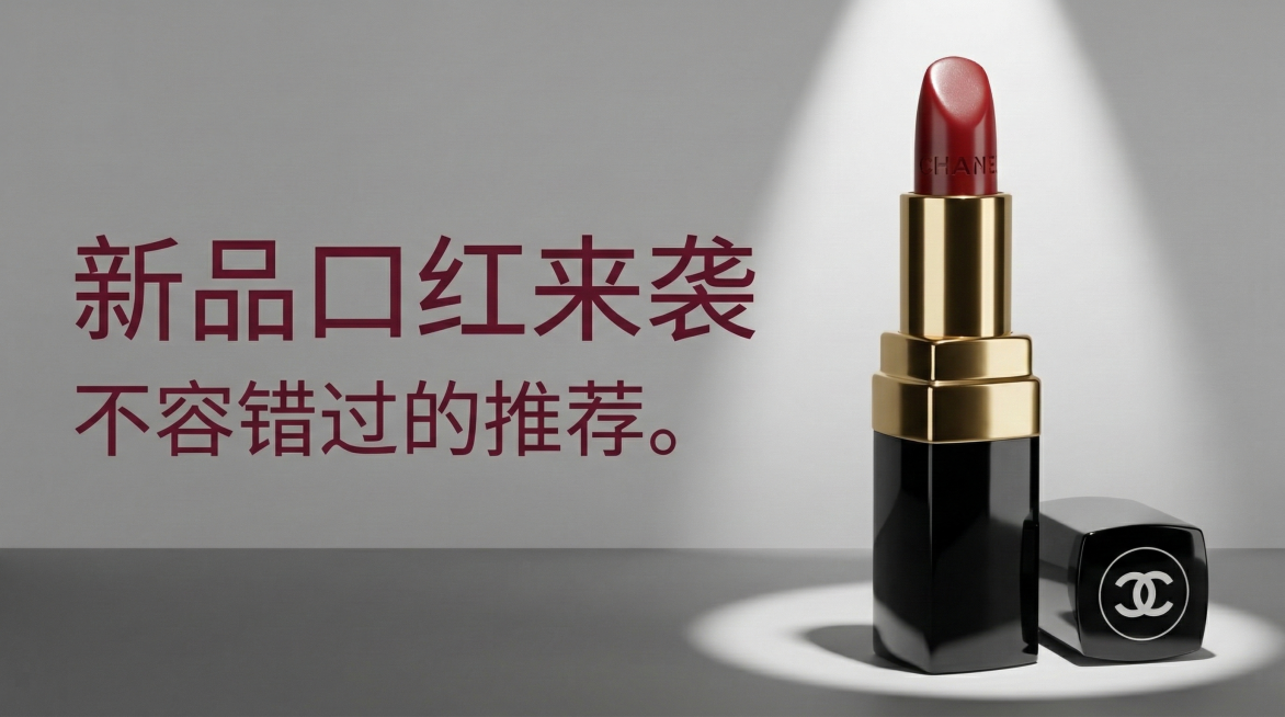 将这张口红海报的背景改为浅灰到深灰的渐变纯色底，添加聚光灯聚焦效果，聚光灯打在中心的口红上，让口红膏体呈现滋润光泽，外壳黑色亮面有清晰反光，金色装饰有金属纹理与立体细节，光影明暗对比鲜明，阴影轮廓清晰预览效果