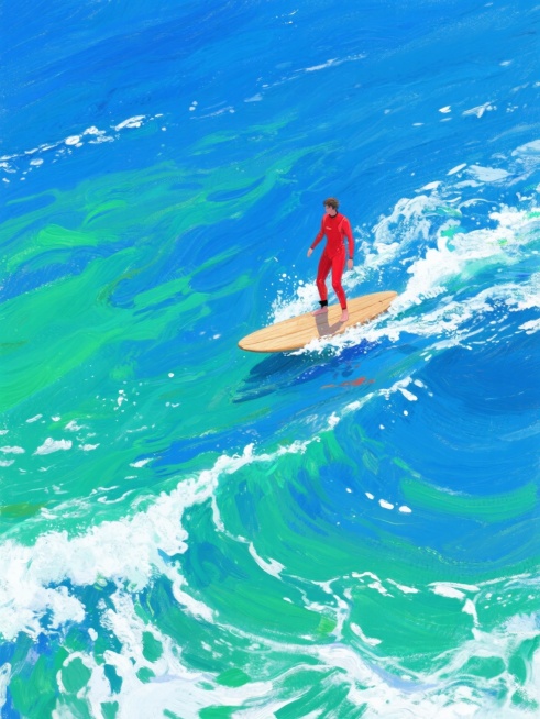 从高空俯瞰，一位身着鲜艳红色连身衣的人站立在小型木质冲浪板上，在由深邃靛蓝色与明亮草绿色交织的液态颜料般的水面上划行，水面上点缀着白色的浪花泡沫，整体画面以纯白色为背景，呈现出印象派油画的笔触质感，色彩对比强烈而和谐，营造出一种宁静而富有动感的氛围。预览效果