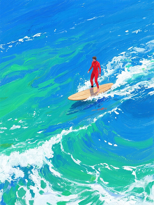 从高空俯瞰，一位身着鲜艳红色连身衣的人站立在小型木质冲浪板上，在由深邃靛蓝色与明亮草绿色交织的液态颜料般的水面上划行，水面上点缀着白色的浪花泡沫，整体画面以纯白色为背景，呈现出印象派油画的笔触质感，色彩对比强烈而和谐，营造出一种宁静而富有动感的氛围。