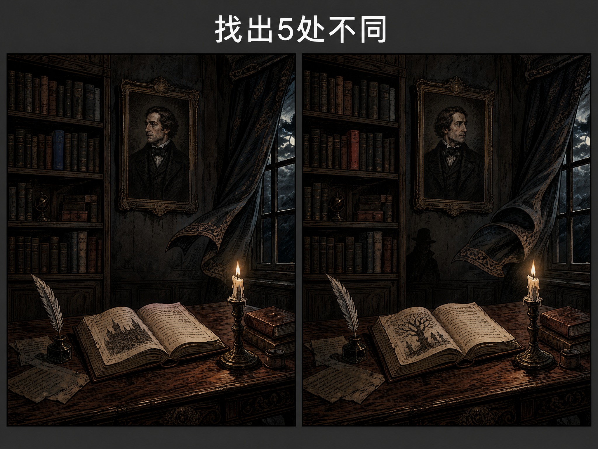 一张悬疑风格的找不同游戏图，深灰色纯色背景。画面中央是左右并排… - 图片创意预览