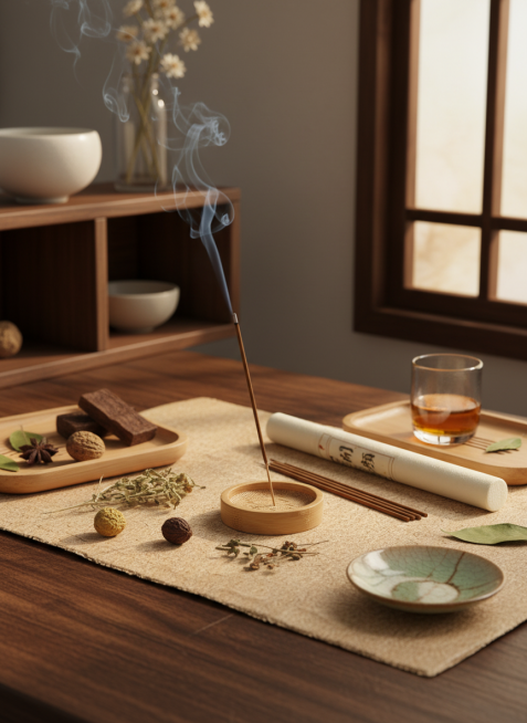 中式古风闲适茶书房桌面场景，以午后静谧氛围为基底：画面核心是正燃着的深棕木质线香，线香表面是细密植物纤维压合质感，触感应略糙却无毛刺，燃烧端余烬触感松脆易散，未燃部分拿取时带轻微温凉木质触感；线香卡于预览效果