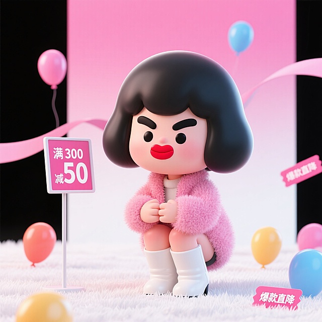 软3D风格卡通女孩，毛绒质感外套搭配俏皮表情，粉色系场景营造可爱氛围，结合促销标语与气球元素，传递节日促销感。