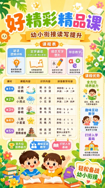 活泼清新可爱卡通风格幼小衔接教育宣传海报，主题为好精彩幼小衔接读写精品课。画面顶部主标题文字"好精彩精品课"，副标题文字"幼小衔接读写提升"，画面中间分区域清晰展示课程表：包含谜语逻辑训练、文学诵读（预览效果