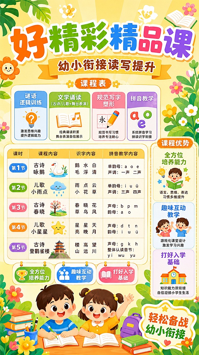 活泼清新可爱卡通风格幼小衔接教育宣传海报，主题为好精彩幼小衔接读写精品课。画面顶部主标题文字"好精彩精品课"，副标题文字"幼小衔接读写提升"，画面中间分区域清晰展示课程表：包含谜语逻辑训练、文学诵读（古诗/儿歌+舞台表演）、规范写字塑形、拼音教学四大模块，展示5课时内容：第1节古诗咏鹅，第2节儿歌小雨点，第3节古诗春晓，第4节儿歌小星星，第5节古诗登鹳雀楼，清晰列出每节课的识字和拼音教学内容。右侧展示课程优势：全方位培养能力，趣味互动教学，打好入学基础。下方三个卖点标签：全方位培养能力、趣味互动教学、打好入学基础，角落放置装饰文案"轻松备战幼小衔接"。整体版式精美分区清晰，活泼可爱卡通风，暖黄明亮色调，搭配花朵、绿植、卡通书本装饰，底部增加可爱卡通小学生/幼儿园小朋友插画，适合幼小衔接招生宣传，文字清晰可读。