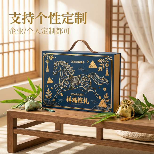 [主图 4] 国风端午定制礼盒场景展示
[氛围风格] 国潮意境治愈风，端午节日氛围感，自然雅致。
[画面元素] 商业摄影质感，光线柔和通透，产品清晰真实，画面干净高级。礼盒放置在简约中式桌台上，旁侧点预览效果