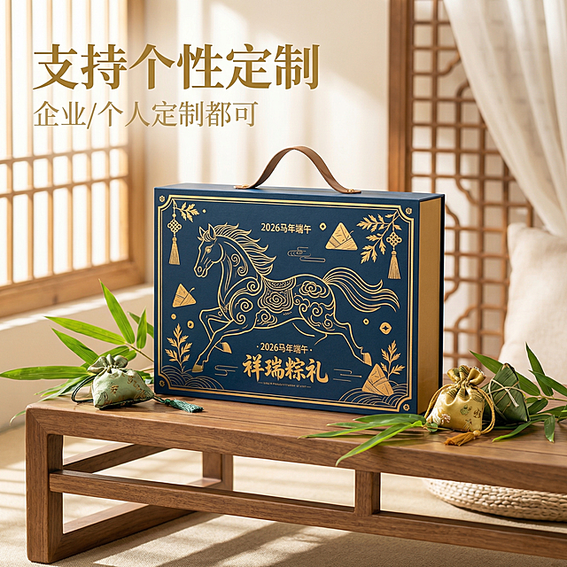 [主图 4] 国风端午定制礼盒场景展示
[氛围风格] 国潮意境治愈风，端午节日氛围感，自然雅致。
[画面元素] 商业摄影质感，光线柔和通透，产品清晰真实，画面干净高级。礼盒放置在简约中式桌台上，旁侧点缀新鲜粽叶和端午香囊，自然阳光洒落在产品上，营造温暖治愈的送礼场景，保留礼盒原设计外观不变。
[配色色系] 主色调：藏青蓝礼盒，金色纹样，墨绿色粽叶，木色桌台。整体清新自然，国潮雅致。
[视角构图] 略微俯视，产品中心构图，满铺无边框，景深适中。
[文字版式] 左上左对齐，主标题 "支持个性定制" 金色粗体大字，副标题 "企业/个人定制都可"，小字浅金色，不遮挡产品主体。
[比例分辨率] 1:1 比例，2k 分辨率，文字清晰可辨，超高清。
[负向提示词] 变形，水印，文字错乱，产品图模糊，背景杂乱，低俗配色，遮挡主体