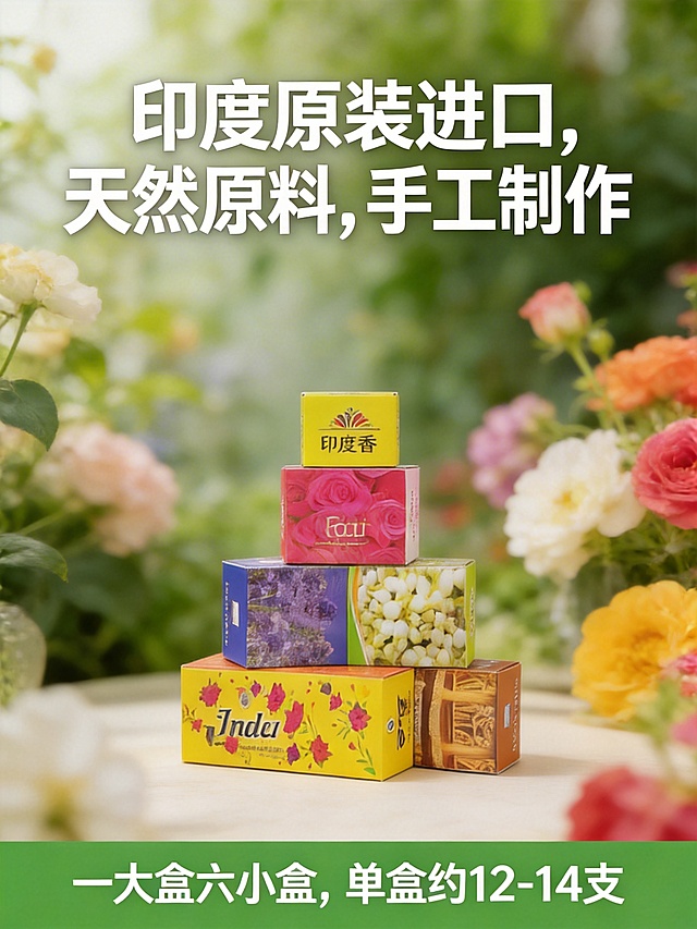 香薰电商营销主图，背景为柔和虚化的绿植和盛放的鲜花，清新自然。画面中间居中清晰展示上传的多种口味的印度香薰盒产品，产品完整清晰不被遮挡。顶部有醒目的白色文字：“印度原装进口，天然原料，手工制作”，底部有通栏草绿色背景的文字：“一大盒六小盒，单盒约12-14支”，文字清晰，和背景对比度足够。整体风格清新舒适，产品突出，符合电商主图要求。