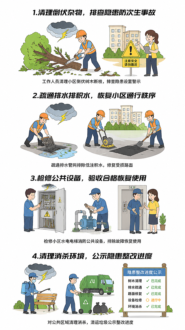 卡通矢量风格，白色背景，分为四个插画模块，内容为：
1. 第一个插画：工作人员清理小区倒伏树木断枝，排查隐患设置警示，标题文字"1.清理倒伏杂物，排查隐患防次生事故"
2. 第二个插画：疏通排水管网排除低洼积水，修复受损路面，标题文字"2.疏通排水排积水，恢复小区通行秩序"
3. 第三个插画：检修小区水电电梯消防公共设备，排除故障恢复使用，标题文字"3.检修公共设备，验收合格恢复使用"
4. 第四个插画：对公共区域清理消杀，清运垃圾公示整改进度，标题文字"4.清理消杀环境，公示隐患整改进度"
整体为台风过后善后恢复安全知识插画，和参考图片相同的卡通扁平化风格，白色干净背景，每个插画配对应文字说明。