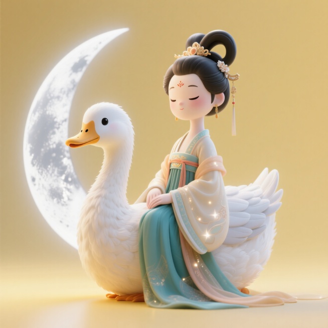 （嫦娥服饰和发型）的拟人化鹅形象坐在弯月上。淡黄色背景预览效果