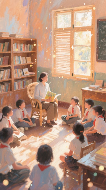 浅橙色复古教室背景，木质书架上摆满书籍，老师坐在藤椅上，学生们围坐成圈，听老师讲绘本故事，阳光从百叶窗照进来，形成斑驳光影，复古温馨氛围。预览效果