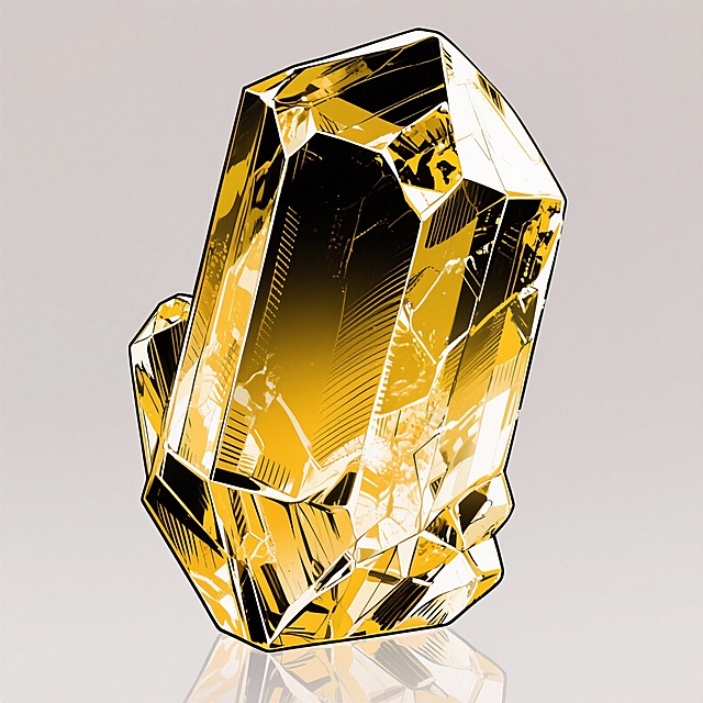 深色动漫岩盐晶体，深黄渐变，表面棱角纹理完整，带反光高光，背景透明。