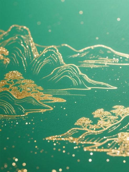 祖母绿背景，金色的线条勾勒出山水画轮廓，闪烁的金粉点缀其间，平面铺满版构图，画面柔和，平面拍摄视角，整体呈现典雅庄重的视觉效果预览效果
