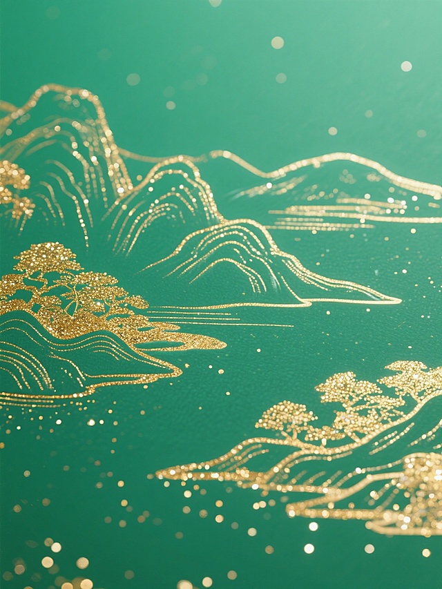 祖母绿背景，金色的线条勾勒出山水画轮廓，闪烁的金粉点缀其间，平面铺满版构图，画面柔和，平面拍摄视角，整体呈现典雅庄重的视觉效果