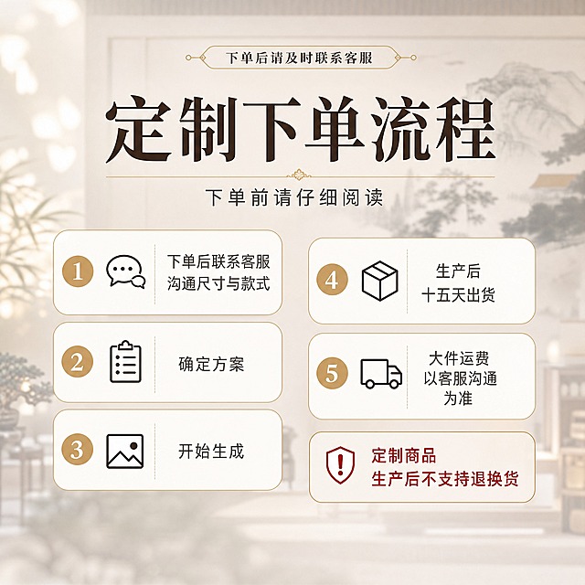 【主图-5】第五张为定制下单流程说明图，唯一任务是讲清定制流程、运费与退换规则；只参考第六张参考图的文字信息，不沿用其暖棕竖排版式，重新设计为明亮双列卡片排版。基于参考图生成：以参考图刺绣硬包上墙场景作轻微模糊的暖米白底，保证文字区域高可读性，中央信息区采用左右两列圆角卡片。【统一基调】小红书新中式轻奢视觉：米白暖底背景，深胡桃木棕与哑光金点缀，浅金细线分区，圆角信息卡，主标题用厚重书法感宋体深棕色，强调词用金棕小标签，辅助文字用灰色无衬线小字，整体干净留白、商业摄影质感，无厚重色块通栏与平台标识。【画面】背景场景轻虚化占全部，前景信息卡居中清晰；五张步骤卡依次排布，编号用金色圆底数字，卡内短句如下：“下单后联系客服 沟通尺寸与款式”“确定方案”“开始生成”“生产后十五天出货”“大件运费以客服沟通为准”；底部备注卡写“定制商品 生产后不支持退换货”；顶部细条提醒“下单后请及时联系客服”。【光影质感】明亮柔和，背景光斑自然不抢信息。【配色】暖米白底、深棕卡片、金色编号，重点提醒字用朱红。【文字版式】主标题“定制下单流程”，副题“下单前请仔细阅读”；所有卡内文字不加逗号，短词断行，字距清晰。【输出要求】1:1、全部中文准确无错字乱码、卡片不重叠、无平台水印Logo。