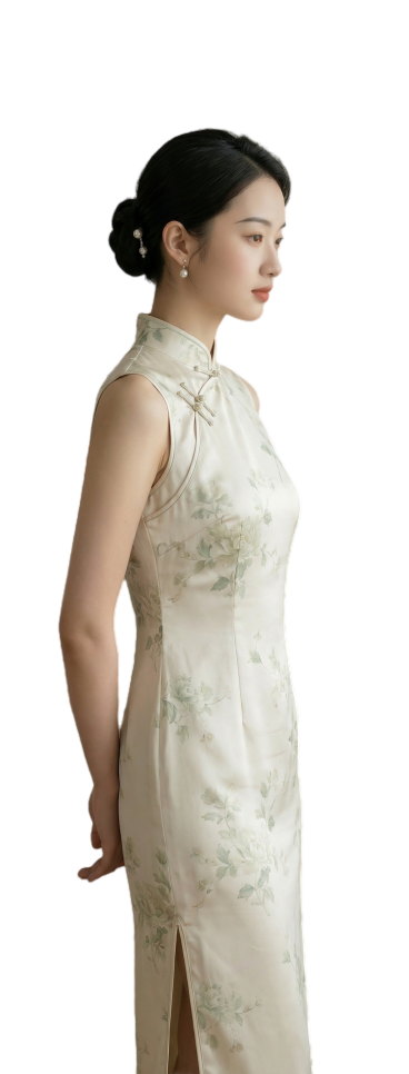 参照以上图片的色彩，并生成以下描述的图片：一位年轻东方女子身着米白色无袖丝绸旗袍，旗袍上点缀淡雅绿色花卉图案，领口精致盘扣，发髻配小巧耳坠，侧身站立双手背在身后，背景为水墨山水画屏风，木制小几上摆放小预览效果
