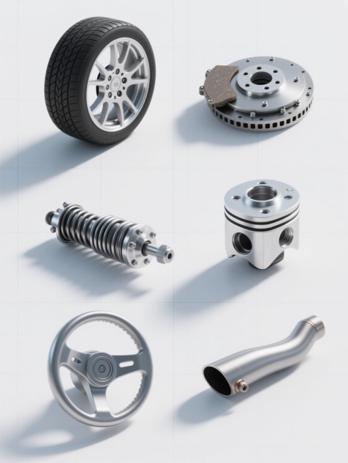 六个汽车配件的3D渲染图，每个配件都有高度精细的金属质感和真实的材质表现，轮胎的橡胶纹理清晰可见，轮毂的金属光泽和螺栓细节精确，整体采用简约现代的设计风格，配件包括轮胎、刹车片、减震器、发动机活塞、方向盘和排气管，所有配件在纯白色背景上呈规整的网格状排布，每个配件之间保持均匀的间距，光线从上方45度角照射，形成柔和的阴影，突出配件的立体感和材质细节，无任何文字、logo或水印，画面干净整洁，信……预览效果