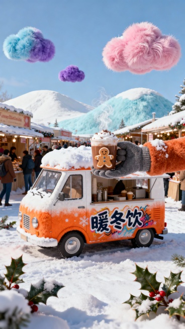 主体为橙白渐变的热饮车（完整展示，车身上涂鸦文字 “暖冬饮”，顶部积雪），一只戴着手套的手正在递出一杯冒着热气的姜饼热可可，背景在热闹的冬日市集雪地预览效果