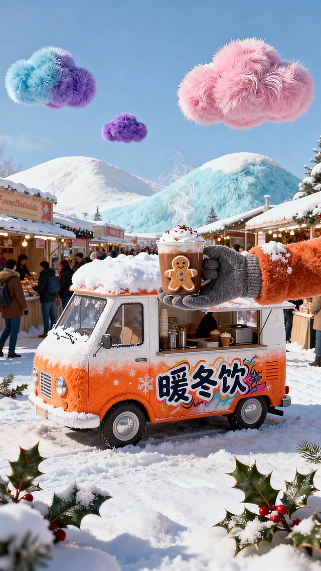 梦幻3D风雪景市集，毛发生长云朵与软萌暖冬饮车交织，粘土质感手捧热饮，圣诞温馨趣味感十足。