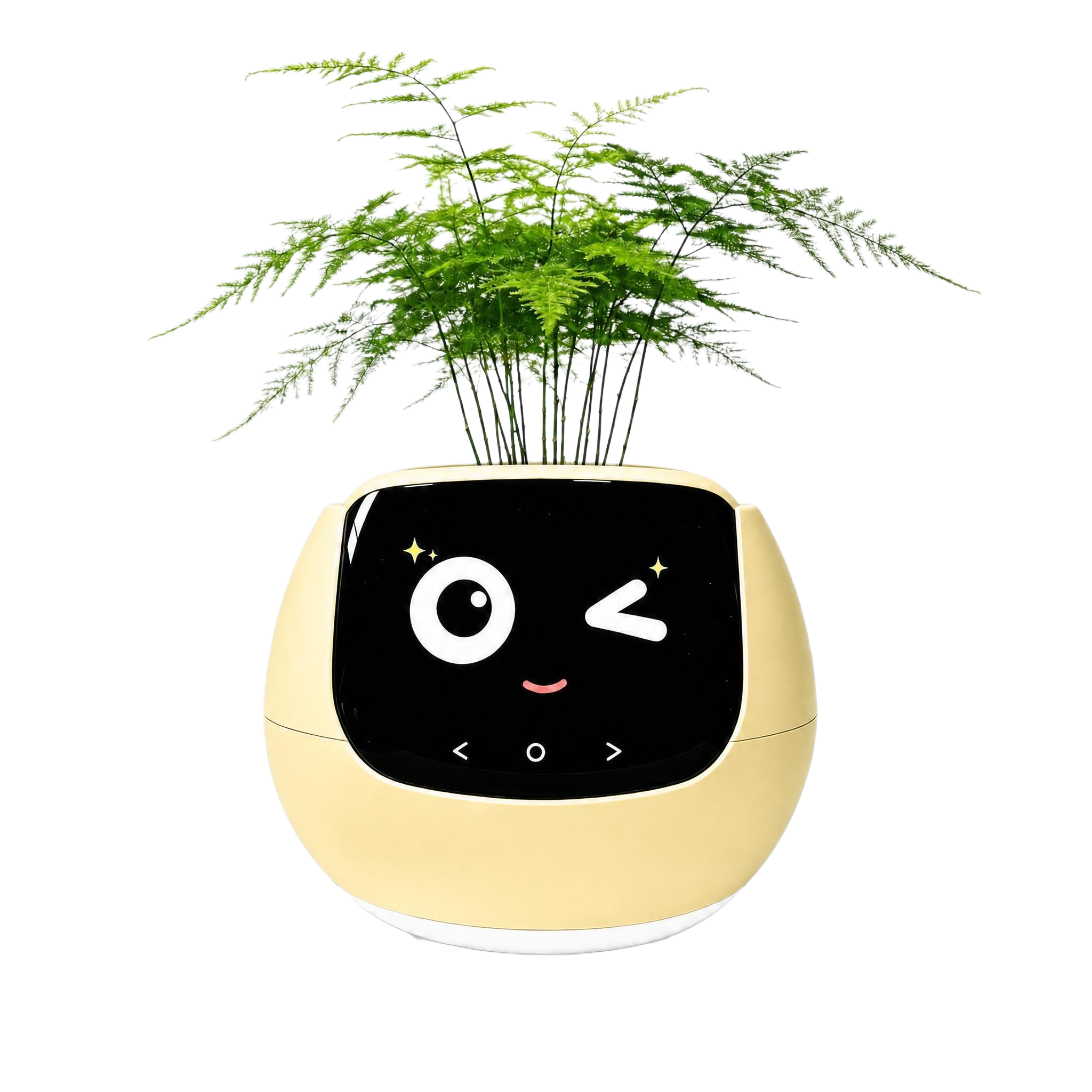 生成奶黄色款花盆：整体结构、白色底座、眨眼卖萌表情、文竹植物、… - 图片创意预览