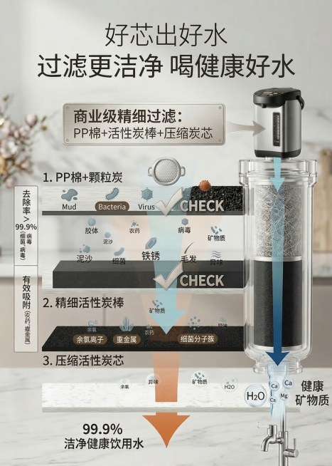 在原有优化基础上，进一步提升这张过滤功能详情图的高级感，优化过滤层级和杂质球体的视觉效果，整体设计更简约高端，质感更高级预览效果
