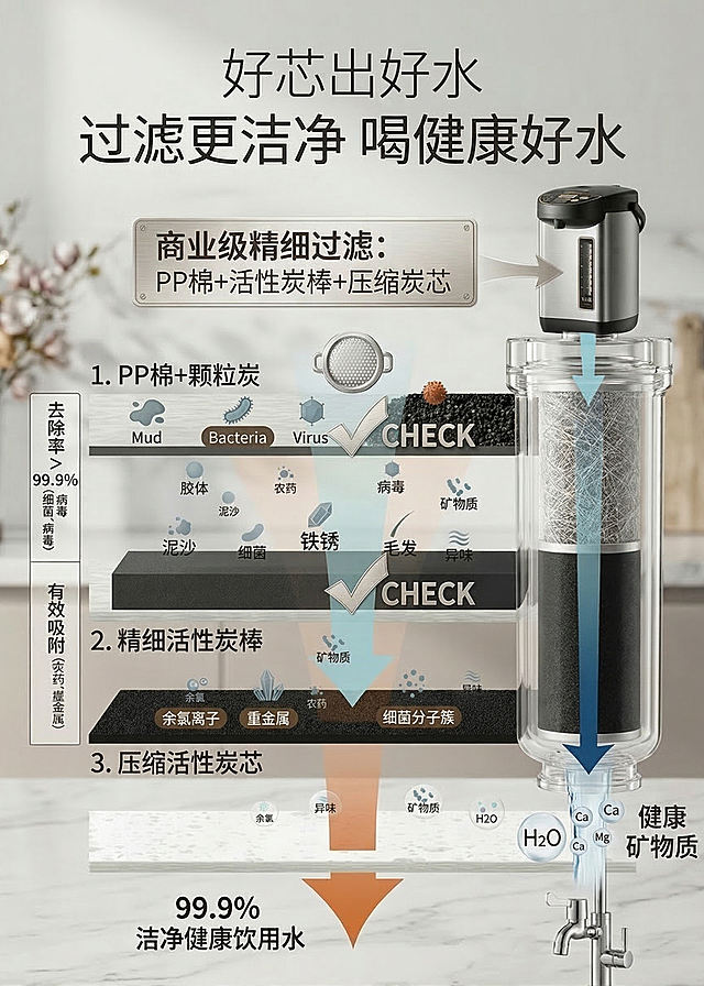 在原有优化基础上，进一步提升这张过滤功能详情图的高级感，优化过滤层级和杂质球体的视觉效果，整体设计更简约高端，质感更高级