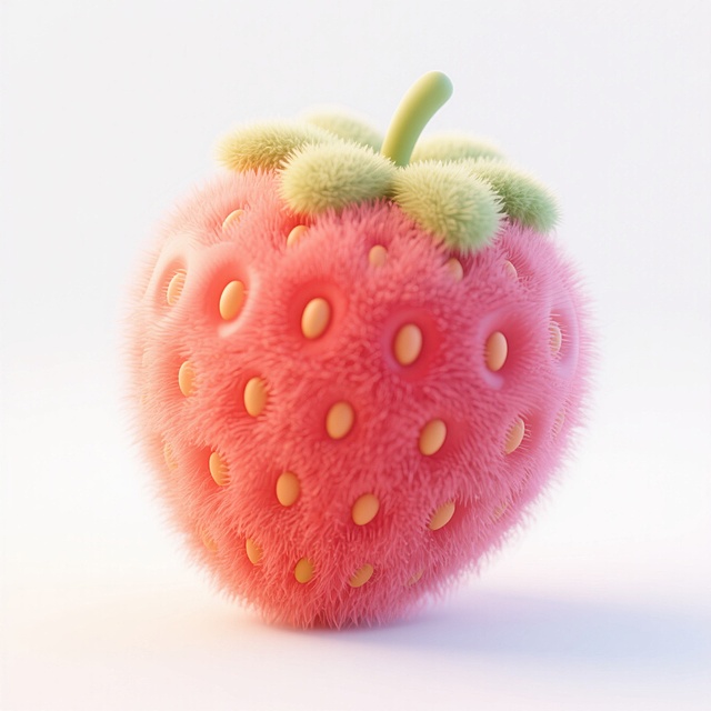 毛茸茸，草莓图标，柔软圆润的形状，3D图标，柔和的色彩搭配，白色背景，简单的细节
