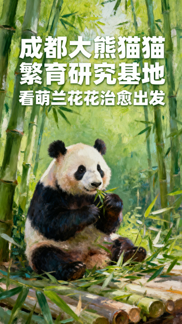 成都大熊猫繁育研究基地单独宣传海报，画面主体是竹林中可爱的大熊猫，绿色清新自然风格，标题为"成都大熊猫繁育研究基地 看萌兰花花治愈出发"，突出成都熊猫特色，色彩明亮清新，油画质感，高清画质适合宣传预览效果