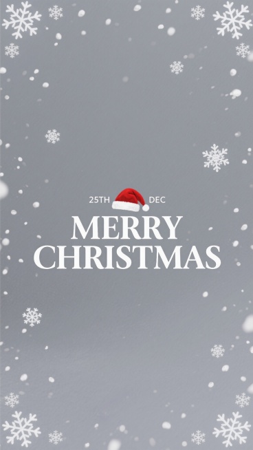 大面积留白的圣诞海报设计，以纯净的白色为背景，中央偏下位置用复古风格的白色衬线字体书写"MERRY CHRISTMAS"，文字上方点缀小巧的红色圣诞帽图案，"25TH DEC"以较小字号置于标题上方。背景中点缀少量精致的白色雪花图案，边缘处散落细微的白色雪点，整体保持简洁优雅的视觉层次，营造出清新简约又充满节日氛围的设计感。预览效果