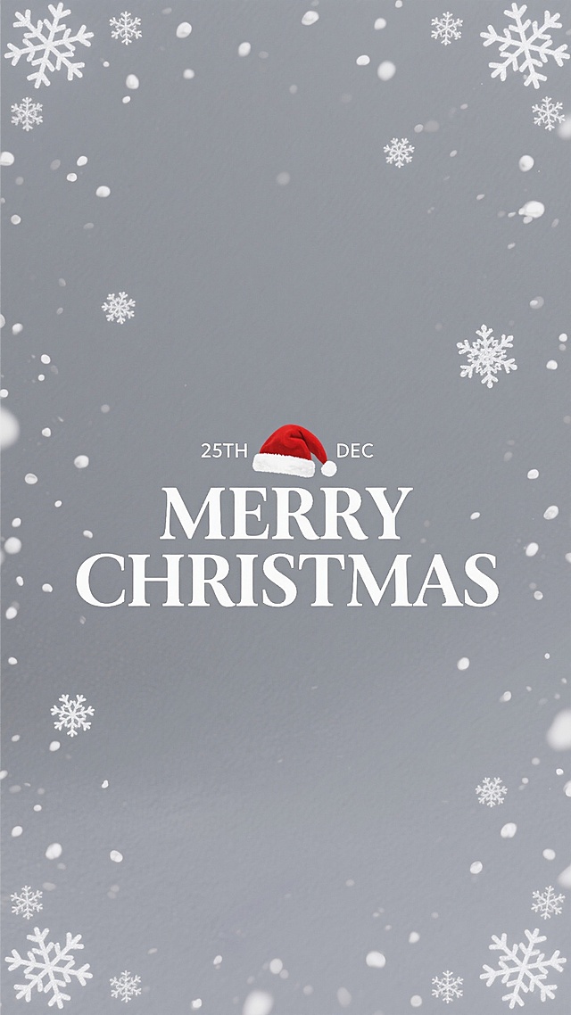 大面积留白的圣诞海报设计，以纯净的白色为背景，中央偏下位置用复古风格的白色衬线字体书写"MERRY CHRISTMAS"，文字上方点缀小巧的红色圣诞帽图案，"25TH DEC"以较小字号置于标题上方。背景中点缀少量精致的白色雪花图案，边缘处散落细微的白色雪点，整体保持简洁优雅的视觉层次，营造出清新简约又充满节日氛围的设计感。