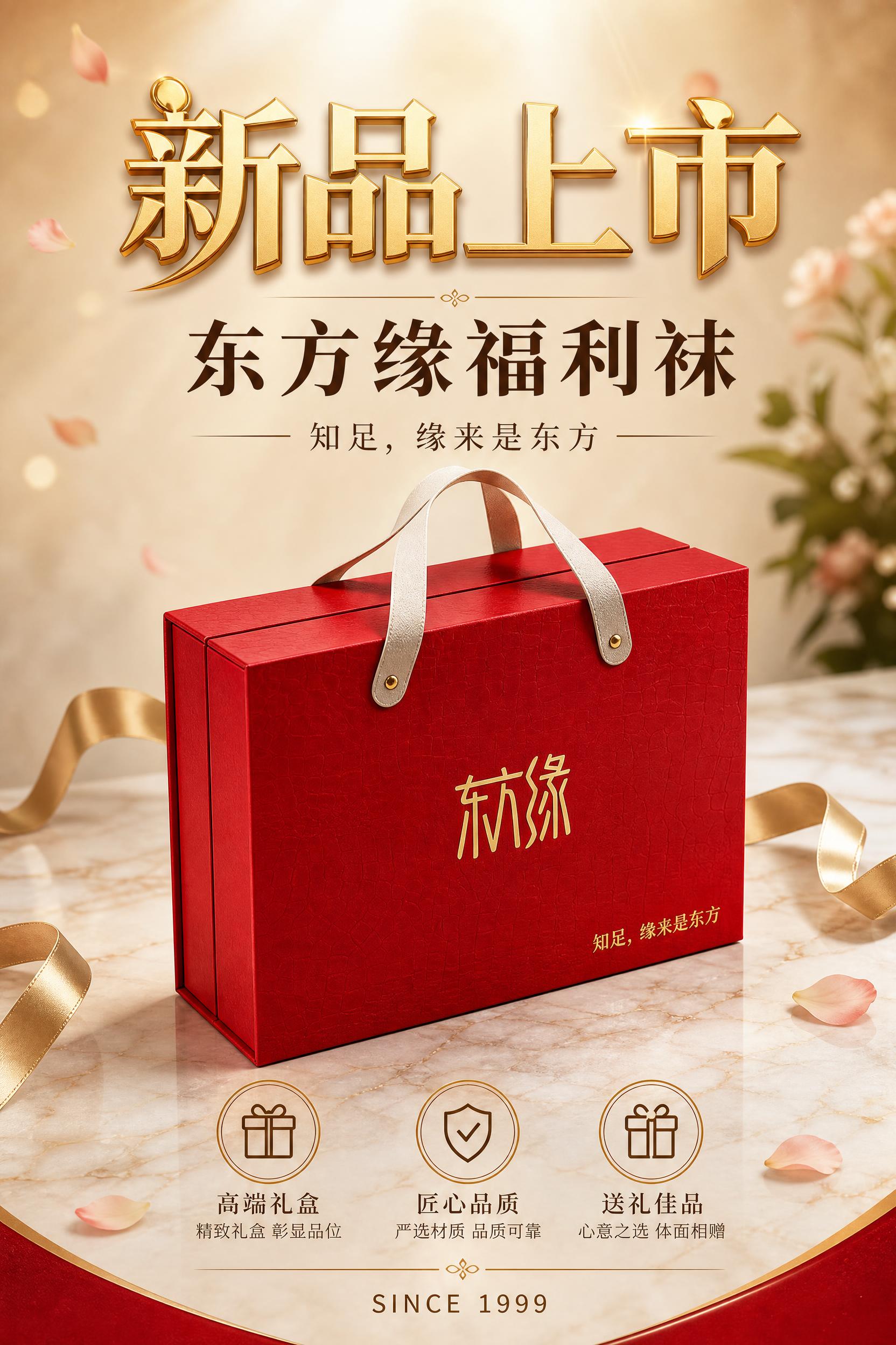 东方缘福利袜新品上市海报，A4竖版2:3比例。画面为高端商务礼… - 图片创意预览