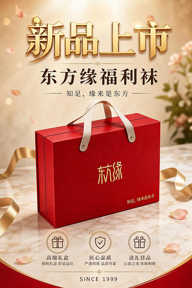 东方缘福利袜新品上市海报，A4竖版2:3比例。画面为高端商务礼赠风格，红色皮质纹理礼盒100%还原上传商品图的外形、包装、LOGO、印刷文字、材质质感、颜色与正面朝向，金色烫金'东方缘'logo清晰可见，米白色皮质手提带。背景为暖米色高级质感背景，顶部有柔和光晕，底部有大理石台面承托，周围点缀少量金色丝带和虚化花瓣。顶部大标题'新品上市'金色艺术字，副标题'东方缘福利袜'深棕色大字，品牌slogan'知足，缘来是东方'。中部礼盒为视觉中心，45度斜视角，占画面约45%。下方三个卖点图标+文字：'高端礼盒''匠心品质''送礼佳品'，底部小字'SINCE 1999'。整体红金配色，轻奢高端，版式精美，层次分明，文字清晰可读，文字不遮挡礼盒主体。不显示任何价格、零售价信息。画面中所有信息区域必须填充完整合理的内容，不得出现空白框或占位。