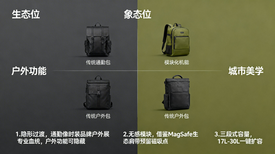 第8页：机会点总结——我的差异化生态位，四象限生态位定位图，横轴户外功能，纵轴城市美学，传统通勤包在左上，传统户外包在右下，我们的模块化机能包在右上，三大差异化机会：1.隐形过渡，通勤像时装品牌户外展预览效果