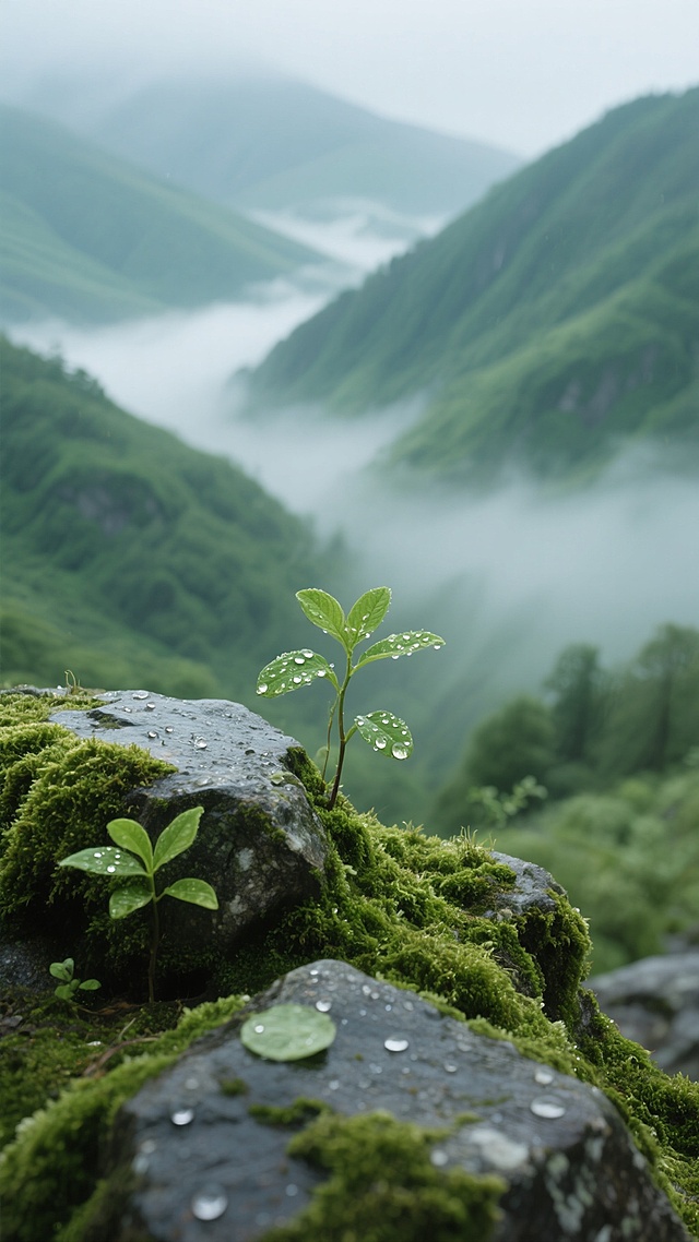 超写实摄影视角，聚焦于布满鲜绿苔藓的岩石近景，清晰呈现湿润石面及新生嫩绿幼苗与叶片露珠，背景是层层渐变绿雾青山，山谷云雾缭绕具景深，整体干净自然、现实逻辑的山间晨雾背景素材场景
