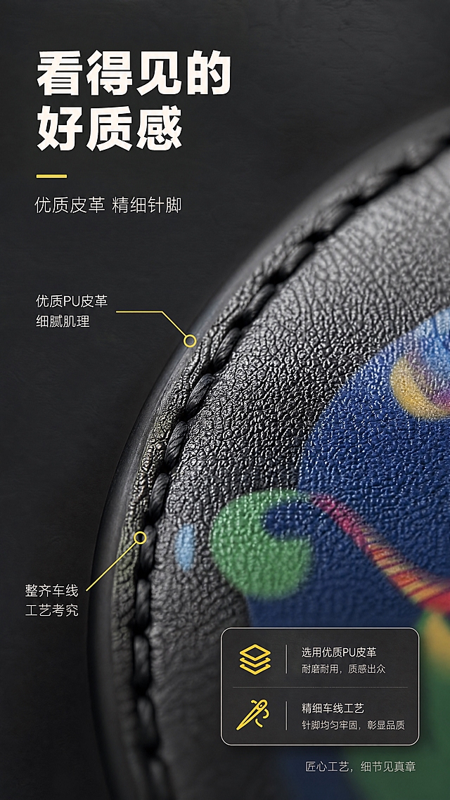 [商品] 使用【图1】杯垫边缘针脚缝线局部；保留皮革材质、黑色边缘、整齐针脚缝线、彩色图案边缘部分；放大微距视角，增强皮革纹理颗粒感与缝线立体感，不改变针脚结构与材质。
[画面] 页面目标：细节质感展示，突出皮革材质与针脚工艺的优质品质。构图：对角线构图，杯垫边缘针脚从左下延伸至右上，占画面60%，超微距视角；前景为针脚缝线特写，中景皮革肌理，后景虚化的彩色图案；左上与右下留白放文字。阅读动线：左上标题 → 中央针脚细节 → 右下补充说明。
[视觉] 套系策略：风格=高级艺术感商业摄影，黑灰肌理底色+明黄点缀；标题字=现代无衬线粗体（简洁识别度高）；正文字=纤细无衬线体；主色=深炭灰（带轻微纸肌理，非纯黑）；背景延展=基于深炭灰做深浅肌理渐变、同色系层次；强调色=明黄色，仅用于小面积图标、引线、标签和光晕；标题色=米白色；正文色=浅灰色；组件=细线引线、圆角极简信息卡；光影=侧光打亮针脚与皮革纹理，形成明暗对比，突出质感，整体暗调高级。
[文字] 左上主标题：「看得见的好质感」（7字），副标题：「优质皮革 精细针脚」，下方用黄色细线引线标注2个细节：「优质PU皮革 细腻肌理」「整齐车线 工艺考究」；文字均为横排，不遮挡针脚细节主体。
[规格] 图片比例9:16竖版，4K分辨率，负向提示：避免纯黑背景、避免卡通幼稚风、避免文字竖排/斜排、避免针脚变形、避免材质失真、避免极限词。