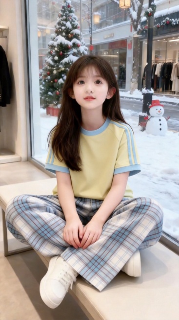 把图1的衣服和裤子给图的2的人物穿上，保留原场景光影，保持图2的人物的五官和发型不变，图片宽高尺寸不变，背景不变，鞋子不变，人物姿势不变，保持图1的衣服和裤子的款式和颜色不变预览效果