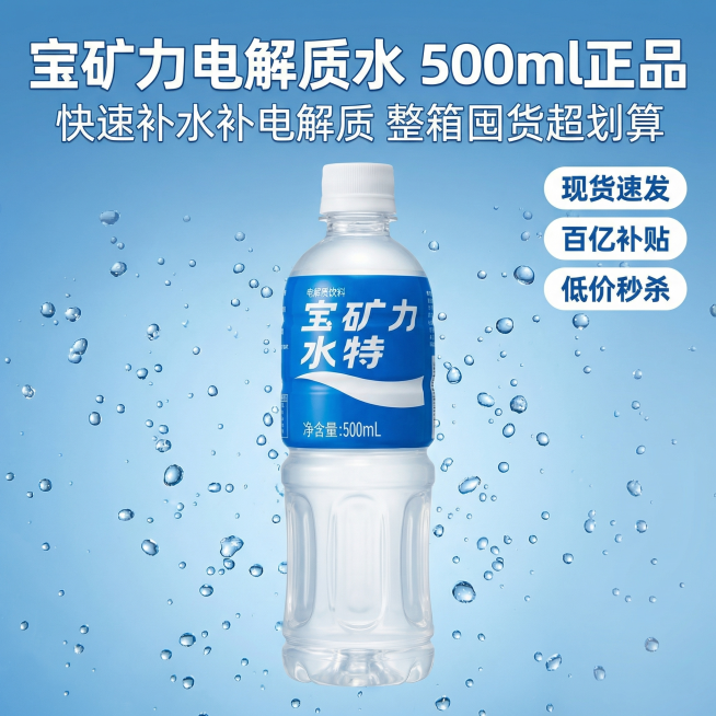 [主图 1]宝矿力电解质水500ml首图引流
[氛围/风格]清爽干净，高性价比促销氛围，清新通透
[画面元素]宝矿力水特整瓶居中C位展示，保留原图产品外观，背景为清爽干净的蓝色，添加点点水珠效果，整体预览效果