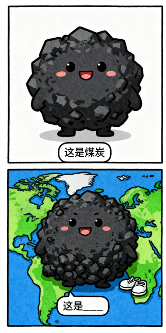 手绘搞笑纵向双格漫画，上半格：Q版可爱的煤炭，极简背景，底部文字框写“这是煤炭”；下半格：煤炭覆盖着整个世界，旁边没有一双鞋子，底部文字框写“这是____”，线条清晰，色彩鲜明预览效果