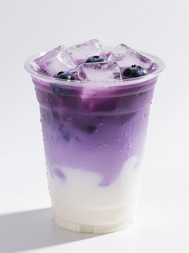 一杯透明塑料杯中装着渐变分层的冰咖啡饮品，顶部覆盖着大量透明冰块，冰块下方是深紫色的蓝莓口味咖啡层，中间过渡为淡紫色，底部是奶白色的奶泡层，整体呈现出清新甜美的蓝莓风味，光线从上方照射，冰块折射出晶莹光泽，杯壁上凝结着细密水珠，背景为纯白色，突出饮品的色彩层次和冰凉质感。