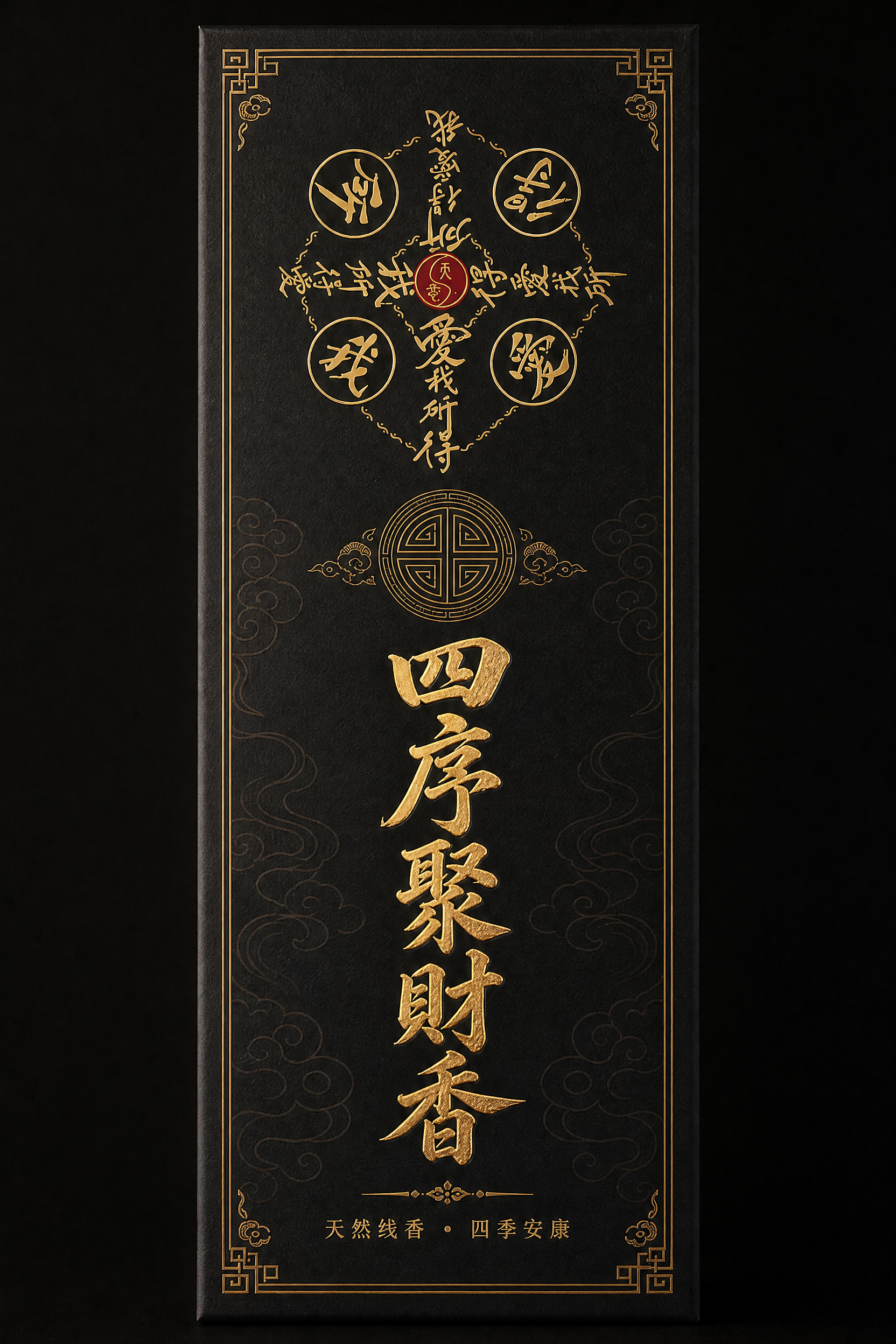 设计一款玄黑金色风格的线香包装，产品名称为"四序聚财香"。包装… - 图片创意预览
