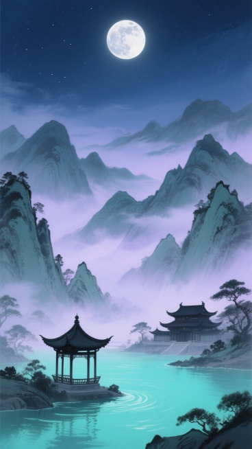 中国传统水墨风格游戏场景设计，以深邃夜空蓝为背景，皎洁明月高悬天际，月光洒在层叠起伏的青灰色山峦上，山间云雾呈现淡紫色调，近处水面泛着青色涟漪，湖心亭与远山古寺以墨色勾勒，整体画面静谧悠远，配色清雅冷冽，保留原有的对称构图和写意笔触，营造宁静神秘的东方仙侠氛围。预览效果