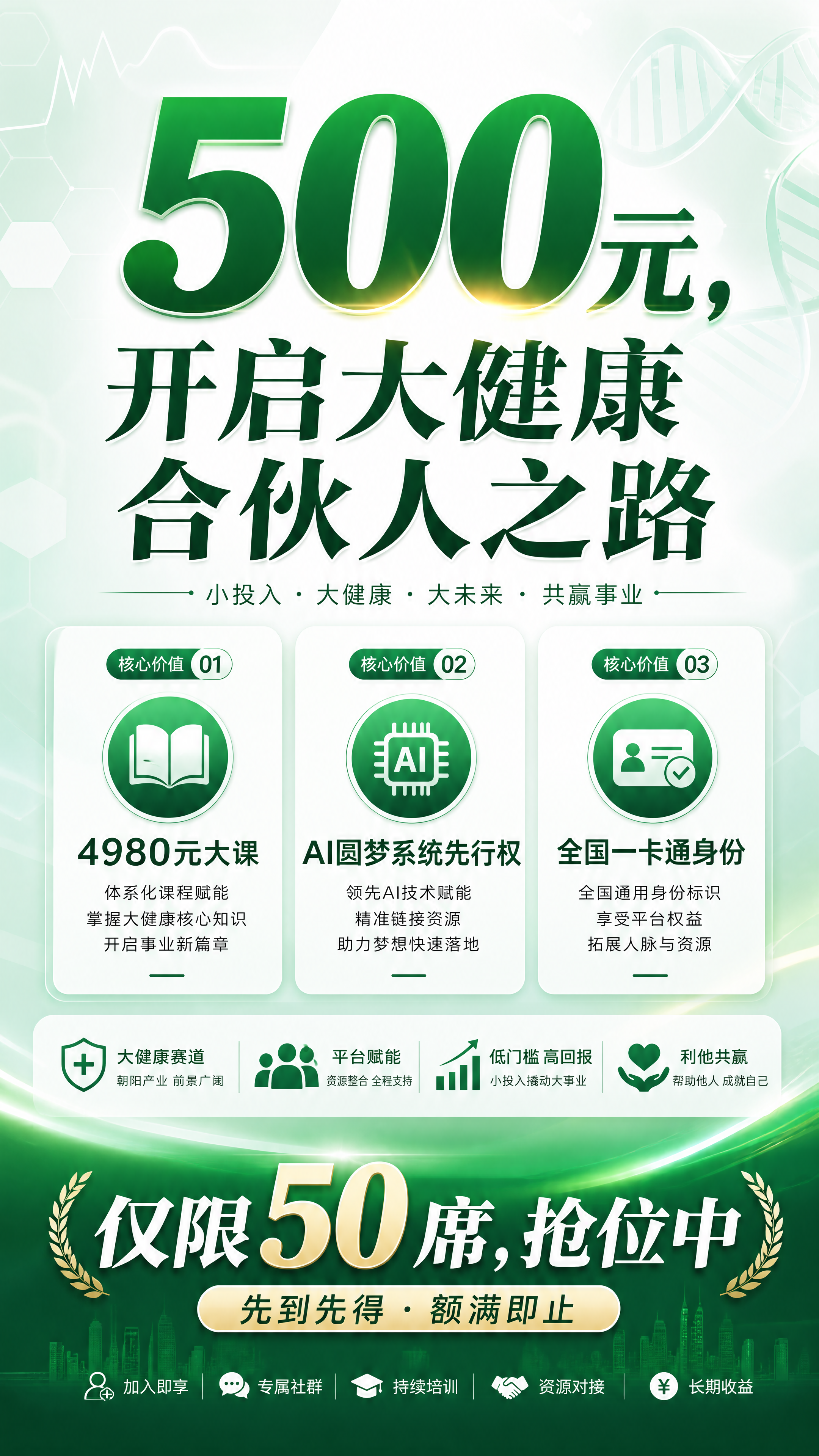 大健康招商海报，绿色简约医疗风格，顶部大标题文字："500元，… - 图片创意预览