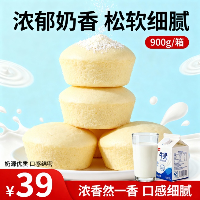 蒸蛋糕电商主图，展示奶香味蒸蛋糕，3个蛋糕堆叠，顶部撒少量奶粉，旁边放一杯牛奶和打开的牛奶盒。背景为淡蓝色，点缀牛奶波纹图案。顶部标题“浓郁奶香 松软细腻”，右侧标注“900g/箱”，底部红色价格标签预览效果