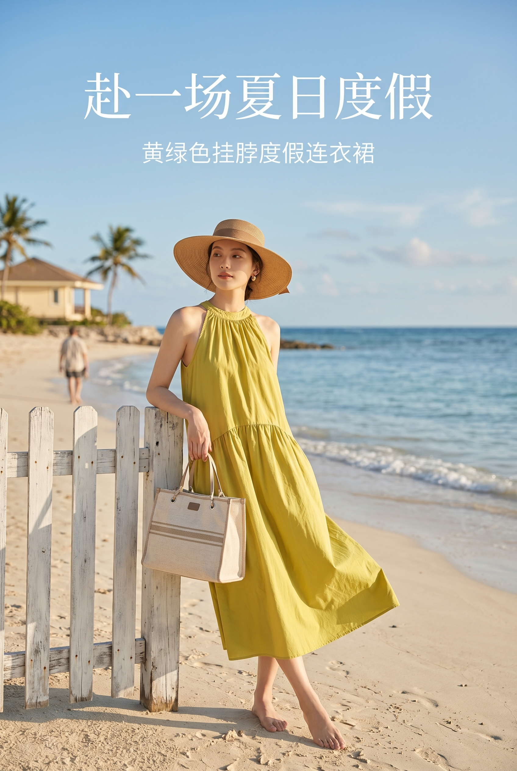严格还原图中黄绿色挂脖连衣裙，颜色、版型、细节不变，尺寸比例1… - 图片创意预览