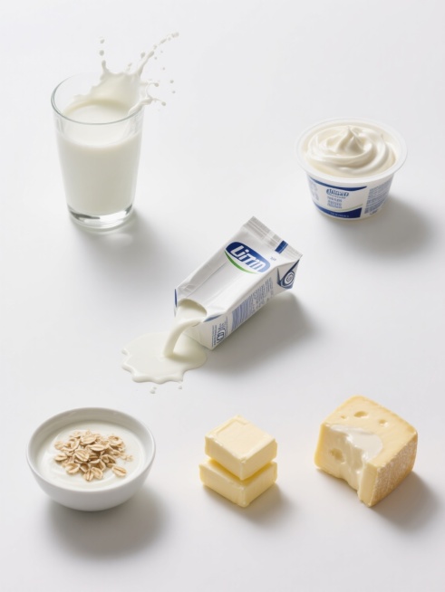 超写实摄影风格，纯色白色背景，六个奶制品元素规整排布的系列素材集合，每个元素保持高度一致的光影效果和细腻质感：左上角是装满纯牛奶并带有飞溅奶花的透明玻璃杯，右上角是表面覆盖浓稠奶油的圆形酸奶杯，左下角是撒有燕麦片的希腊酸奶碗，右下角是切开的流心奶酪块，中间上方是一盒倾斜倒出牛奶的利乐枕包装，中间下方是堆叠的三块黄油，所有元素均具有清晰的高光反射、柔和阴影和真实的材质表现，整体构图对称平衡，视觉……预览效果