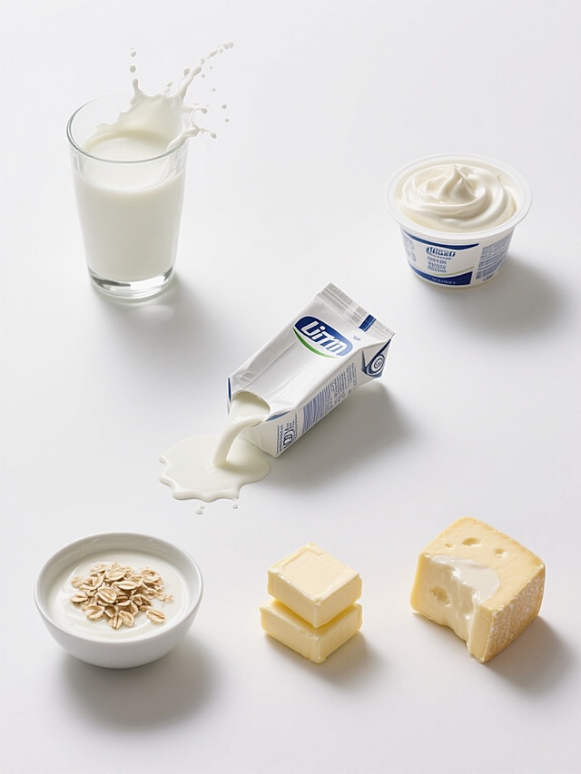 超写实摄影风格，纯色白色背景，六个奶制品元素规整排布的系列素材集合，每个元素保持高度一致的光影效果和细腻质感：左上角是装满纯牛奶并带有飞溅奶花的透明玻璃杯，右上角是表面覆盖浓稠奶油的圆形酸奶杯，左下角是撒有燕麦片的希腊酸奶碗，右下角是切开的流心奶酪块，中间上方是一盒倾斜倒出牛奶的利乐枕包装，中间下方是堆叠的三块黄油，所有元素均具有清晰的高光反射、柔和阴影和真实的材质表现，整体构图对称平衡，视觉统一。