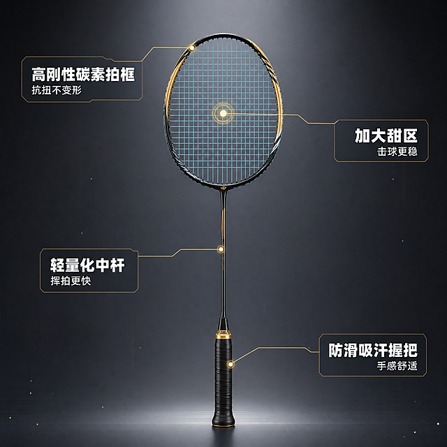 [主图-2] 核心亮点功能说明图，展示羽毛球拍四大核心技术优势。
[统一基调] 深灰渐变背景，黑金配色为主，金色为强调色，白色为辅助文字色，字体为现代无衬线粗体，简洁专业的电商视觉风格。
[画面] 羽毛球拍居中竖直放置，拍头在上，握把在下，主体占画面约60%。以球拍为中心，用细金色引线从四个关键部位引出标注：1. 拍框顶部引出标注"高刚性碳素拍框 抗扭不变形"；2. 拍面甜区位置引出标注"加大甜区 击球更稳"；3. 拍杆中部引出标注"轻量化中杆 挥拍更快"；4. 握把位置引出标注"防滑吸汗握把 手感舒适"。每个引线末端有金色小圆点定位。背景为深灰渐变，有微弱科技感光点。
[光影质感] 商业摄影质感，均匀柔光打亮球拍整体，各部位细节清晰可见，金色引线与产品自然融合，无悬浮感。
[配色] 背景深灰渐变，引线金色，标注文字白色配半透明深色底框。
[文字版式] 四个标注点分布在球拍左右两侧，上下错落排列，文字不遮挡球拍主体。每个标注为短标题+小字说明的两行结构，标题字号大且加粗，说明文字字号缩小50%以上。
[输出要求] 1:1正方形比例，2048*2048，文字清晰可读，产品完整不切割，无变形，无错字，无水印，无平台logo，信息层次分明。