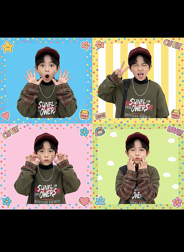 扁平风拼贴设计，融合卡通贴纸与手账元素，清新色彩搭配趣味表情，营造可爱甜蜜氛围，充满节日童趣感。