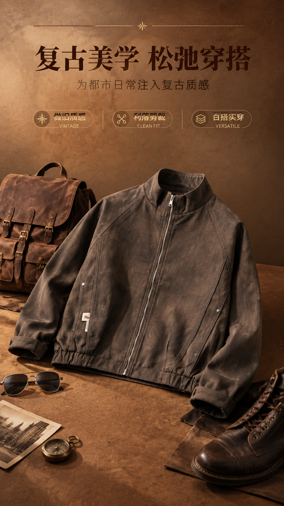 [商品] 使用【图1】深棕色复古做旧立领短款夹克；商品处理：保… - 图片创意预览