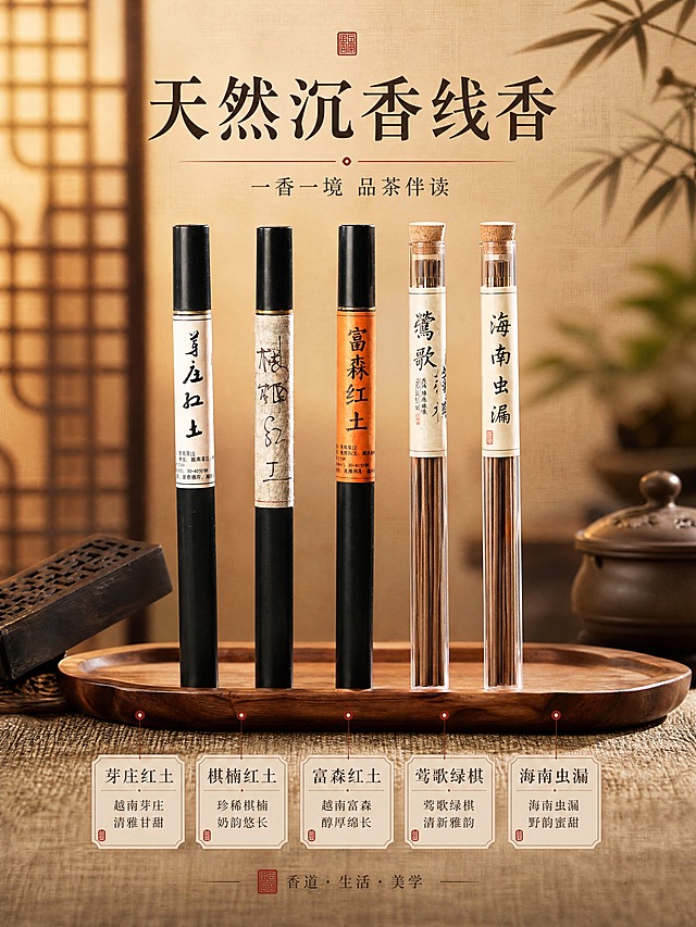 [商品] 使用【图1】【图2】五款沉香线香全家福；保留芽庄红土黑管白标、棋楠红土黑管米白标、富森红土黑管橙标、莺歌绿棋透明管白标、海南虫漏透明管金字标的包装结构、颜色、材质和标签文字；商品处理：保留所有瓶身标签文字和书法字体，增强香管质感和木纹肌理，不改变产品比例和结构。
[画面] 目标：东方禅意氛围头图，展示五款沉香线香全家福，突出香道美学。构图：居中对称偏错落摆放，主体占画面65%，前景麻布纹理、中景五款线香错落陈列于胡桃木托盘上、后景虚化中式木格栅与暖光。景别：中景，平视微俯角度。阅读动线：从上至下，顶部标题、中部产品、底部副标题。
[视觉] 套系策略：风格=东方禅意新中式商业摄影；标题字=宋体书法衬线体；正文字=简洁宋体；主色=暖棕木色；背景延展=基于暖棕做深浅层级、同色渐变和麻布/木纹质感；强调色=朱砂红，仅用于小面积印章、引线和标签；标题色=深棕黑；正文色=暖棕灰；组件=圆角米白信息卡、细线引线、朱砂印章元素；光影=左前侧暖柔光，侧逆光勾勒轮廓，营造静谧禅意氛围。
[文字] 顶部居中主标题「天然沉香线香」，副标题「一香一境 品茶伴读」；底部左右分布5款香名短标签，文字区不遮挡香管主体和标签文字，所有文字横排。
[规格] 图片比例3:4竖版，4K分辨率，避免变形、错字、文字过小、冷蓝背景、产品颜色改变、包装文字错乱。